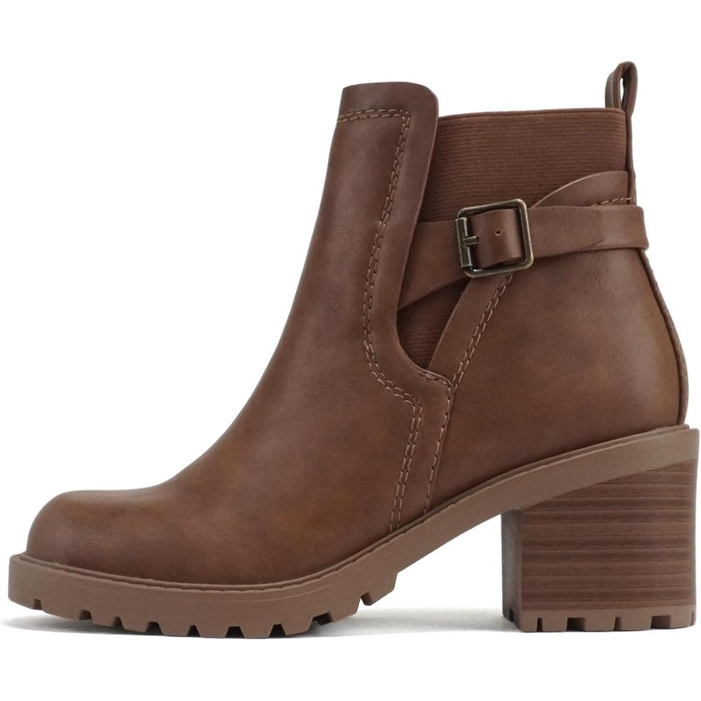 imageSoda PUGGLE  Women Round Toe Elastic Gore Belted Strap Lug Sole Low Heel Ankle Boot with Side ZipperCognac Pu