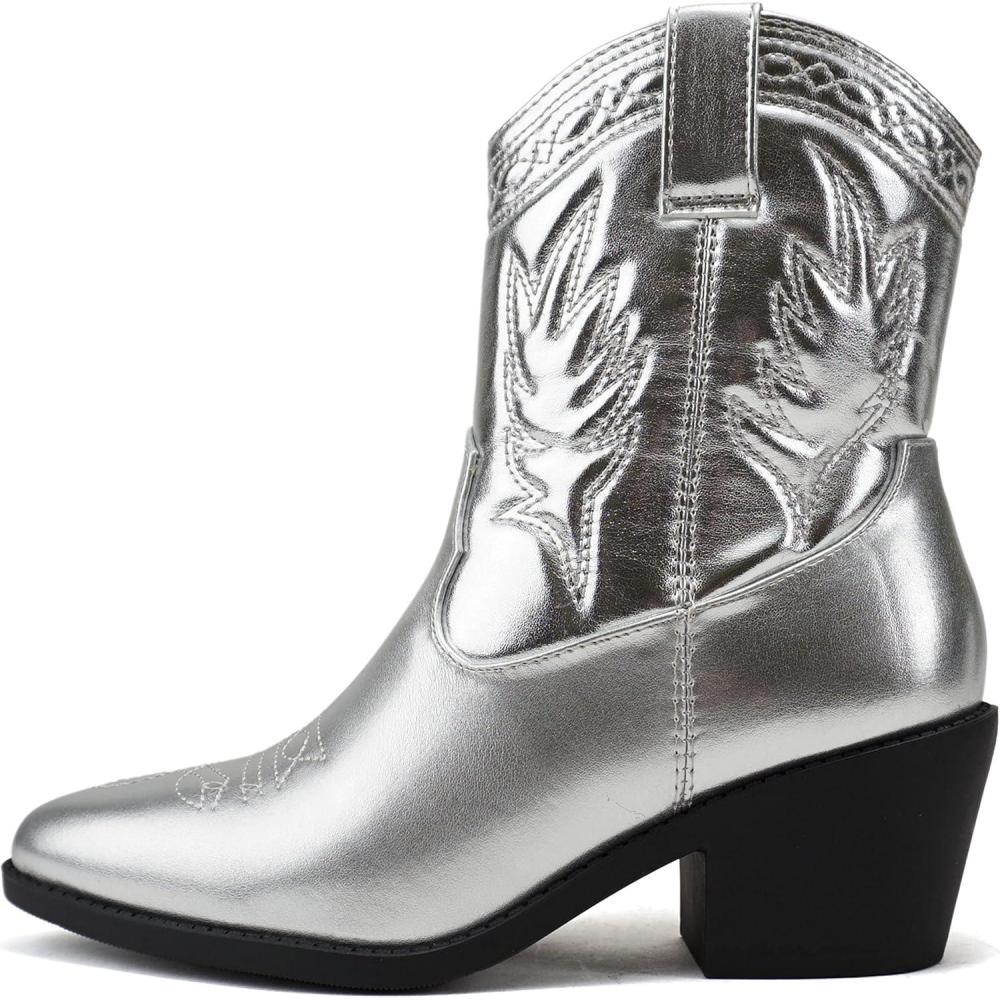 imageSoda Picotee Women Western Cowboy Cowgirl Stitched Ankle BootsSilver Metallic Pu