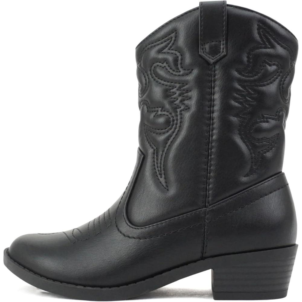 imageSoda RENO2 KidsGirlsChildren Western Cowboy Stitched Pointe Toe Low Heel Ankle Mid Shaft Fashion BootsBlack Pu