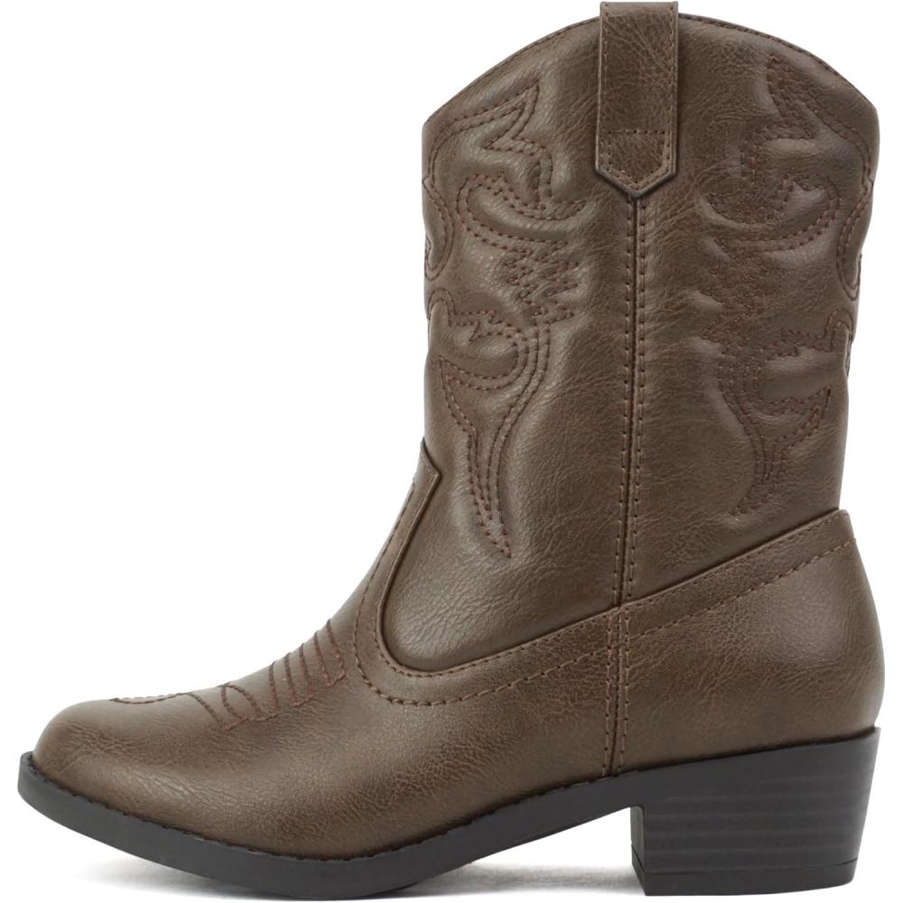 imageSoda RENO2 KidsGirlsChildren Western Cowboy Stitched Pointe Toe Low Heel Ankle Mid Shaft Fashion BootsDark Tan Pu