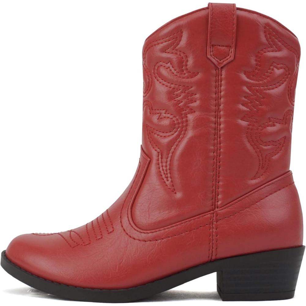 imageSoda RENO2 KidsGirlsChildren Western Cowboy Stitched Pointe Toe Low Heel Ankle Mid Shaft Fashion BootsRed Pu