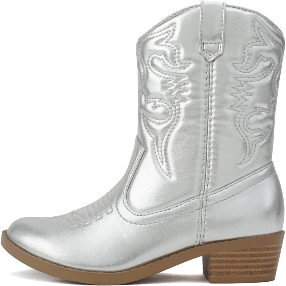 imageSoda RENO2 KidsGirlsChildren Western Cowboy Stitched Pointe Toe Low Heel Ankle Mid Shaft Fashion BootsSilver