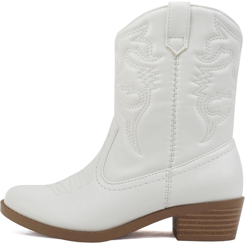 imageSoda RENO2 KidsGirlsChildren Western Cowboy Stitched Pointe Toe Low Heel Ankle Mid Shaft Fashion BootsWhite Pu