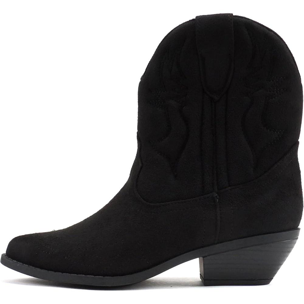 imageSoda RIGGING  Women Western Stitched Pointe Toe Low Heel Ankle Mid Shaft BootsBlack Imit Suede