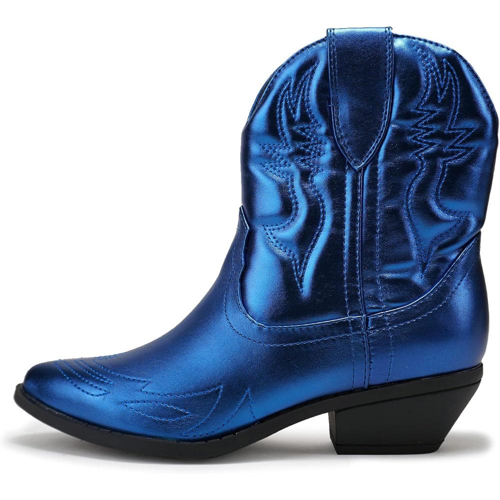 imageSoda RIGGING  Women Western Stitched Pointe Toe Low Heel Ankle Mid Shaft BootsBlue Metallic