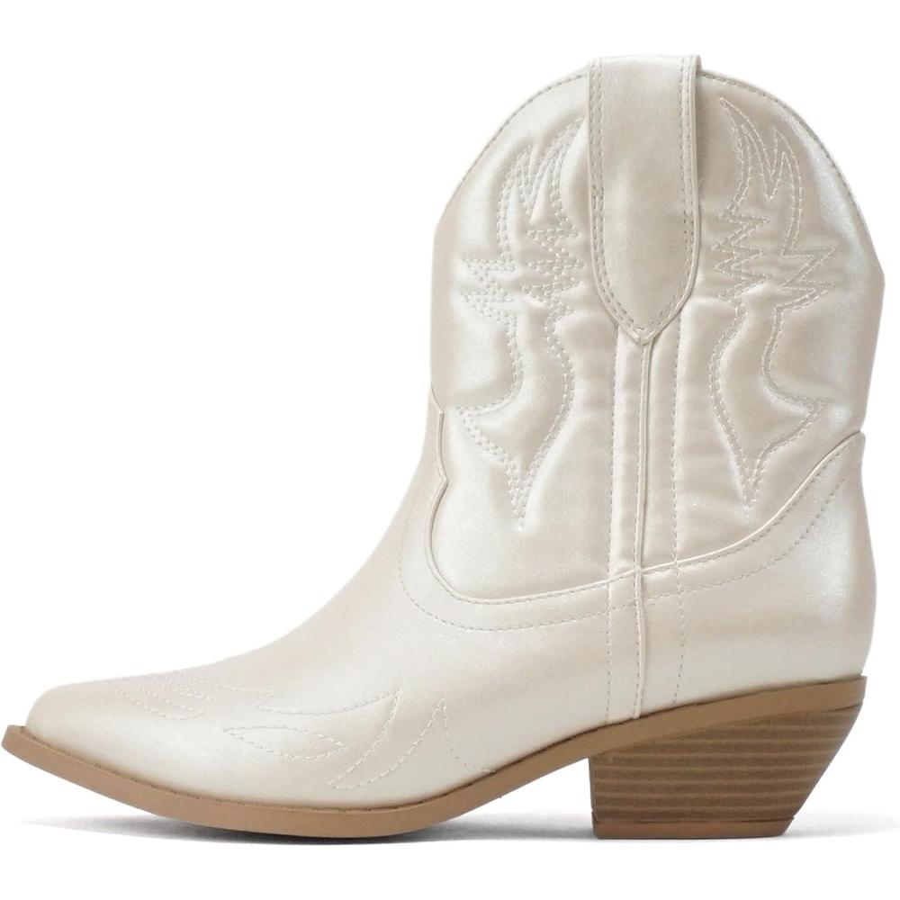 imageSoda RIGGING  Women Western Stitched Pointe Toe Low Heel Ankle Mid Shaft BootsCream Pearl