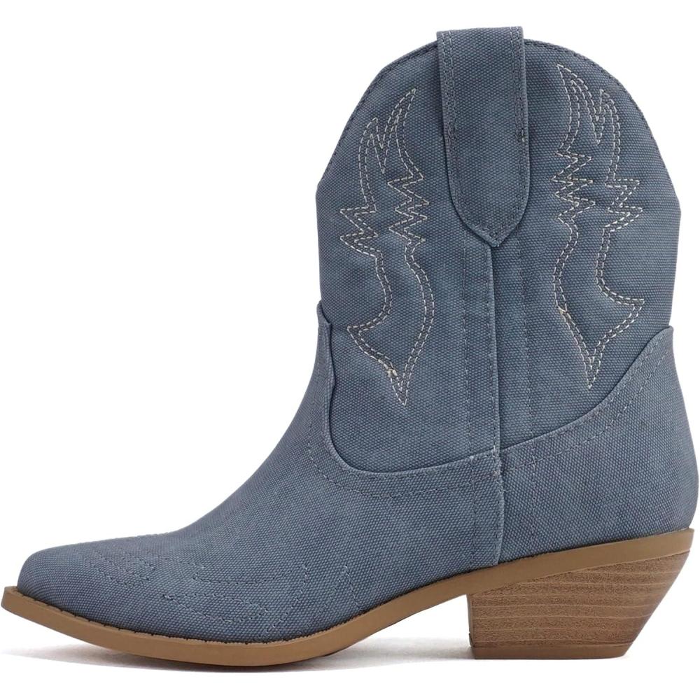 imageSoda RIGGING  Women Western Stitched Pointe Toe Low Heel Ankle Mid Shaft BootsDenim Blue
