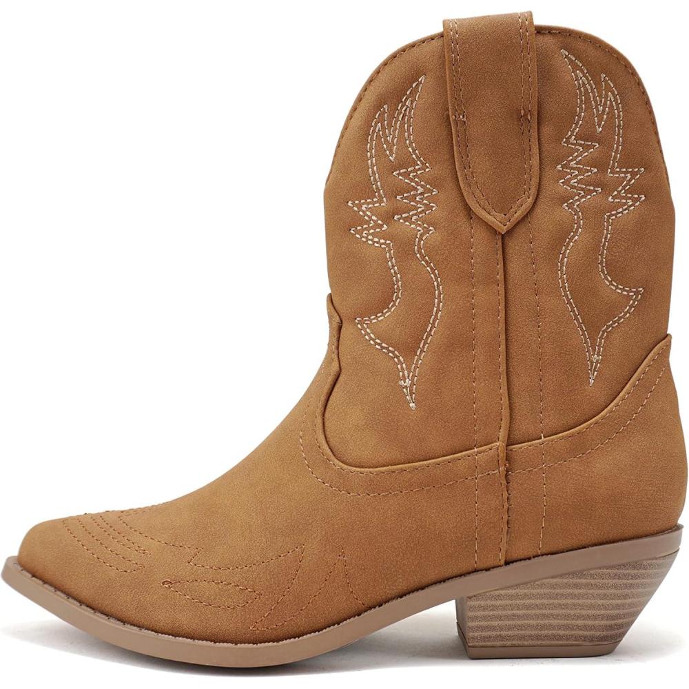 imageSoda RIGGING  Women Western Stitched Pointe Toe Low Heel Ankle Mid Shaft BootsDtan Nubuck