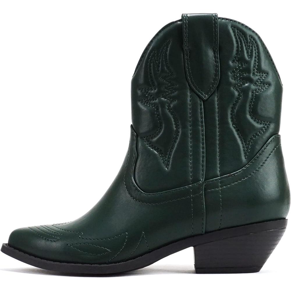 imageSoda RIGGING  Women Western Stitched Pointe Toe Low Heel Ankle Mid Shaft BootsGreen Pu