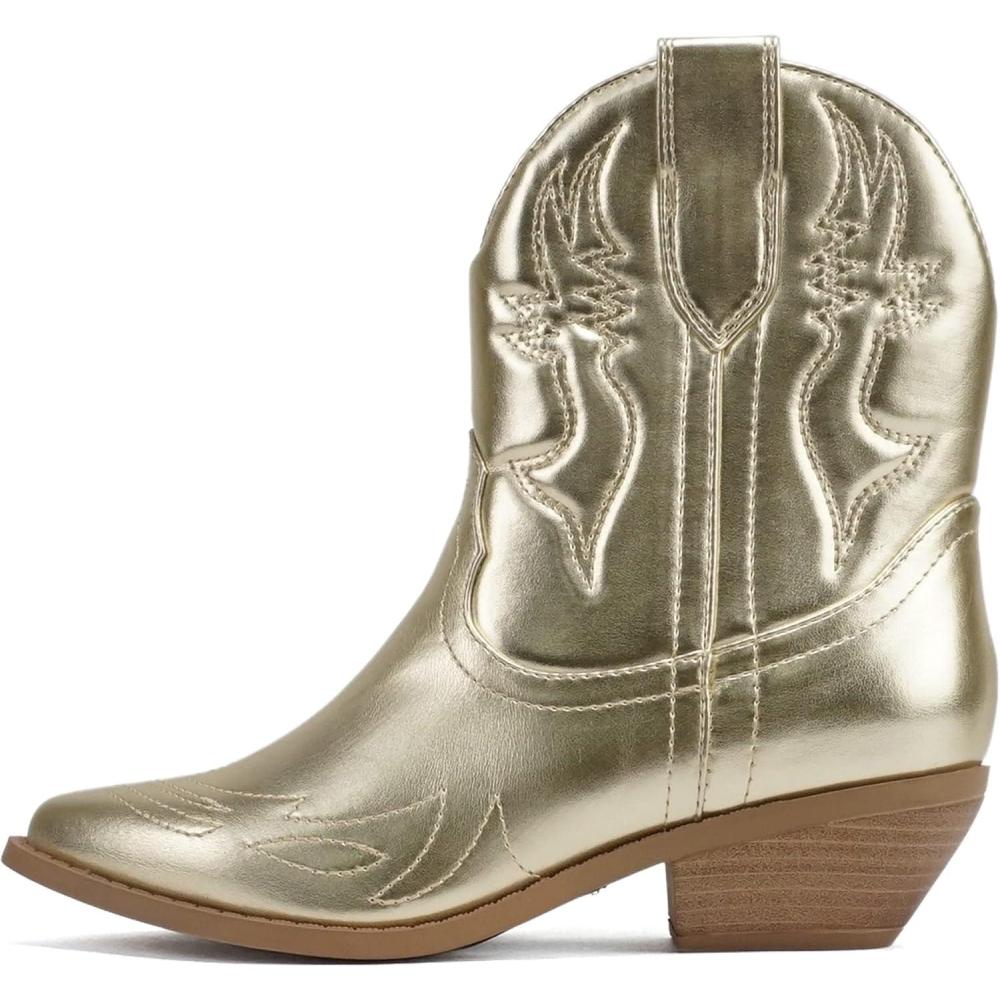 imageSoda RIGGING  Women Western Stitched Pointe Toe Low Heel Ankle Mid Shaft BootsLight Gold Metallic