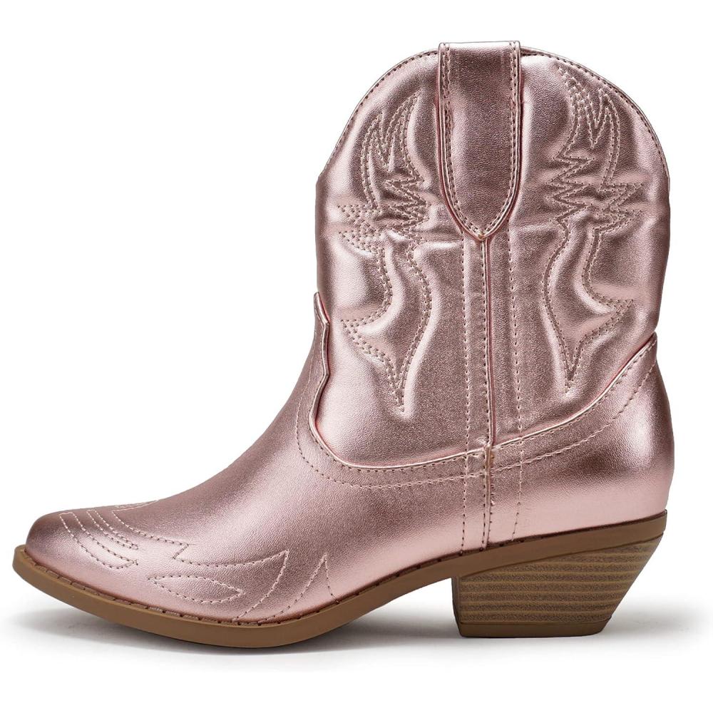 imageSoda RIGGING  Women Western Stitched Pointe Toe Low Heel Ankle Mid Shaft BootsLtpink Metallic