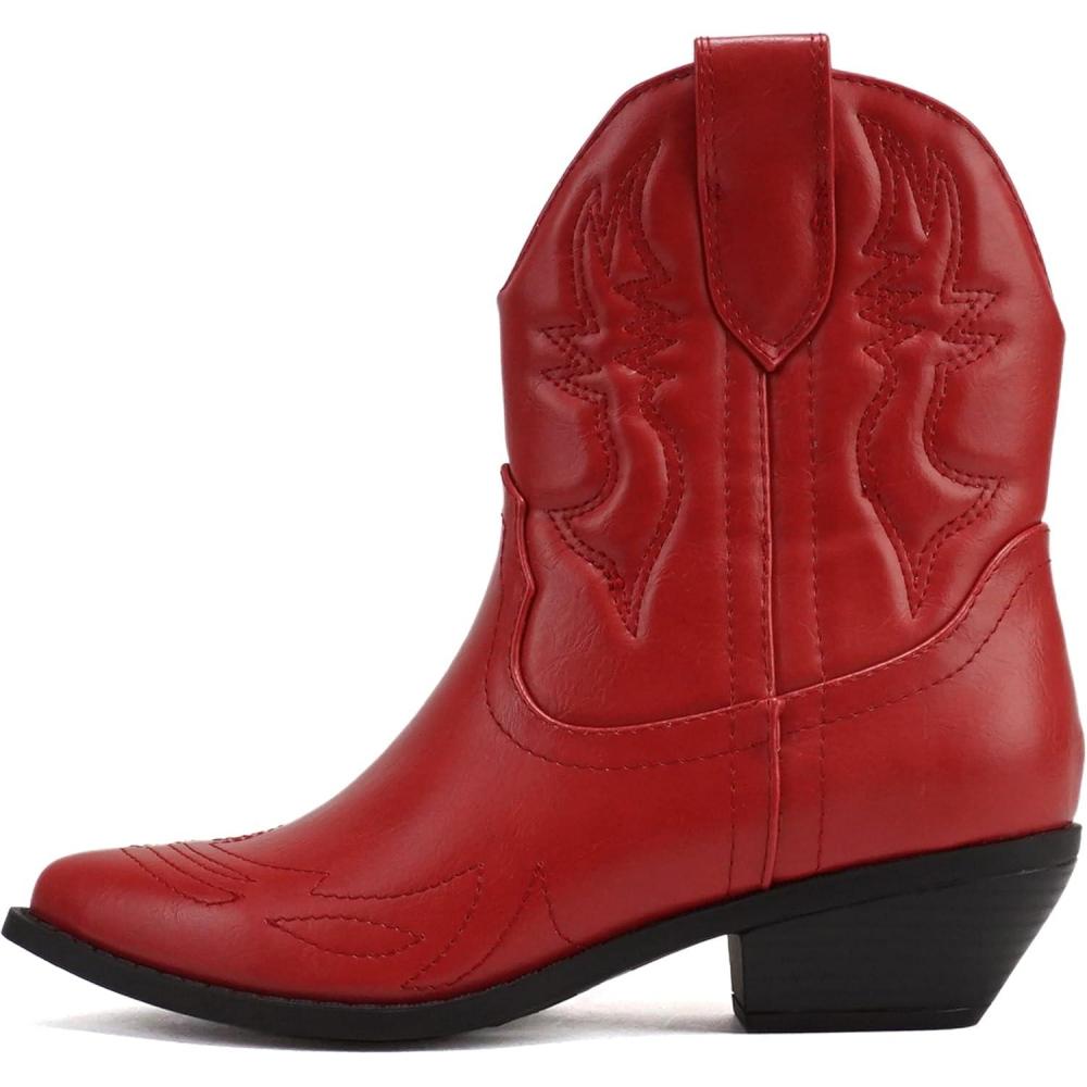 imageSoda RIGGING  Women Western Stitched Pointe Toe Low Heel Ankle Mid Shaft BootsRed Pu