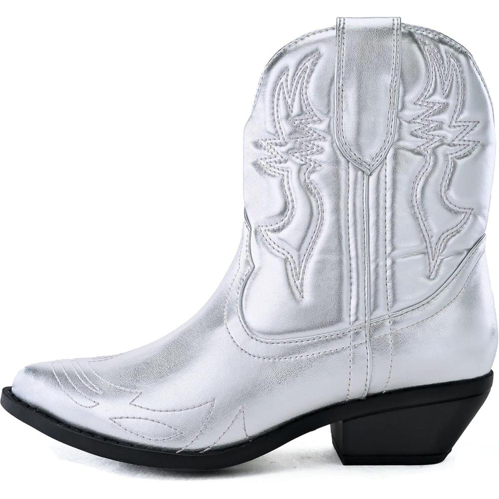 imageSoda RIGGING  Women Western Stitched Pointe Toe Low Heel Ankle Mid Shaft BootsSilver