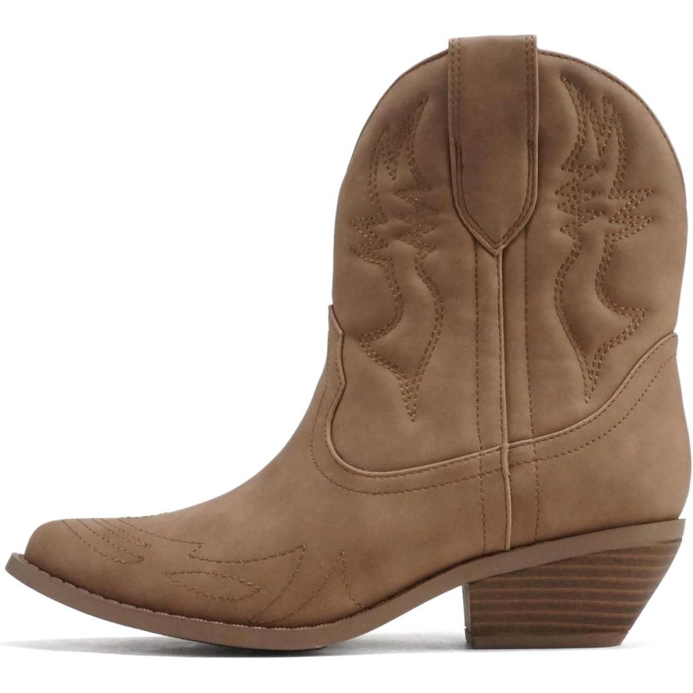 imageSoda RIGGING  Women Western Stitched Pointe Toe Low Heel Ankle Mid Shaft BootsTaupe Nubuck