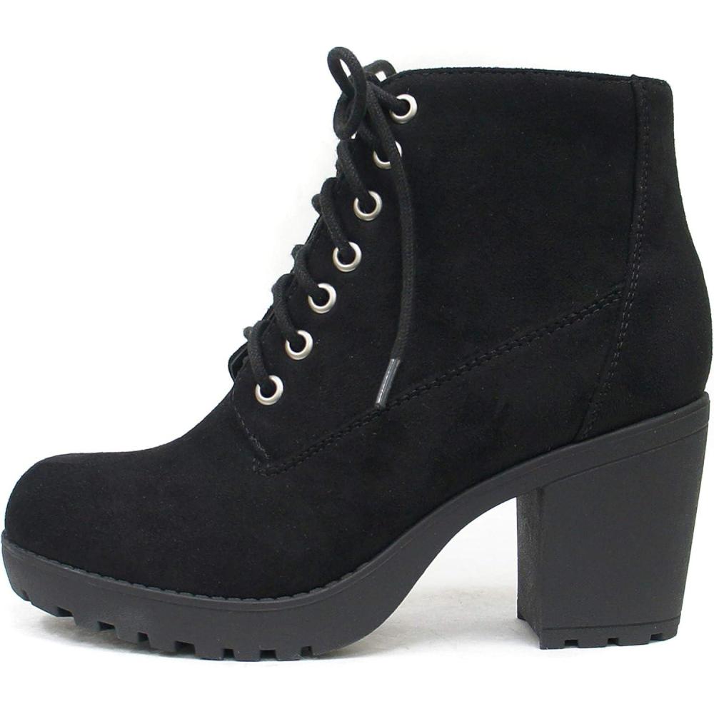 imageSoda Second Lug Sole Chunky Heel Combat Ankle Bootie Lace up wSide ZipperBlack Imitation Suede