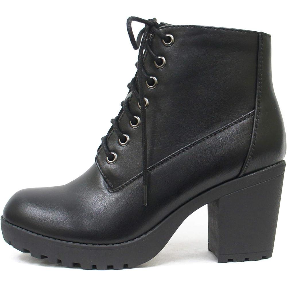 imageSoda Second Lug Sole Chunky Heel Combat Ankle Bootie Lace up wSide ZipperBlack Pu