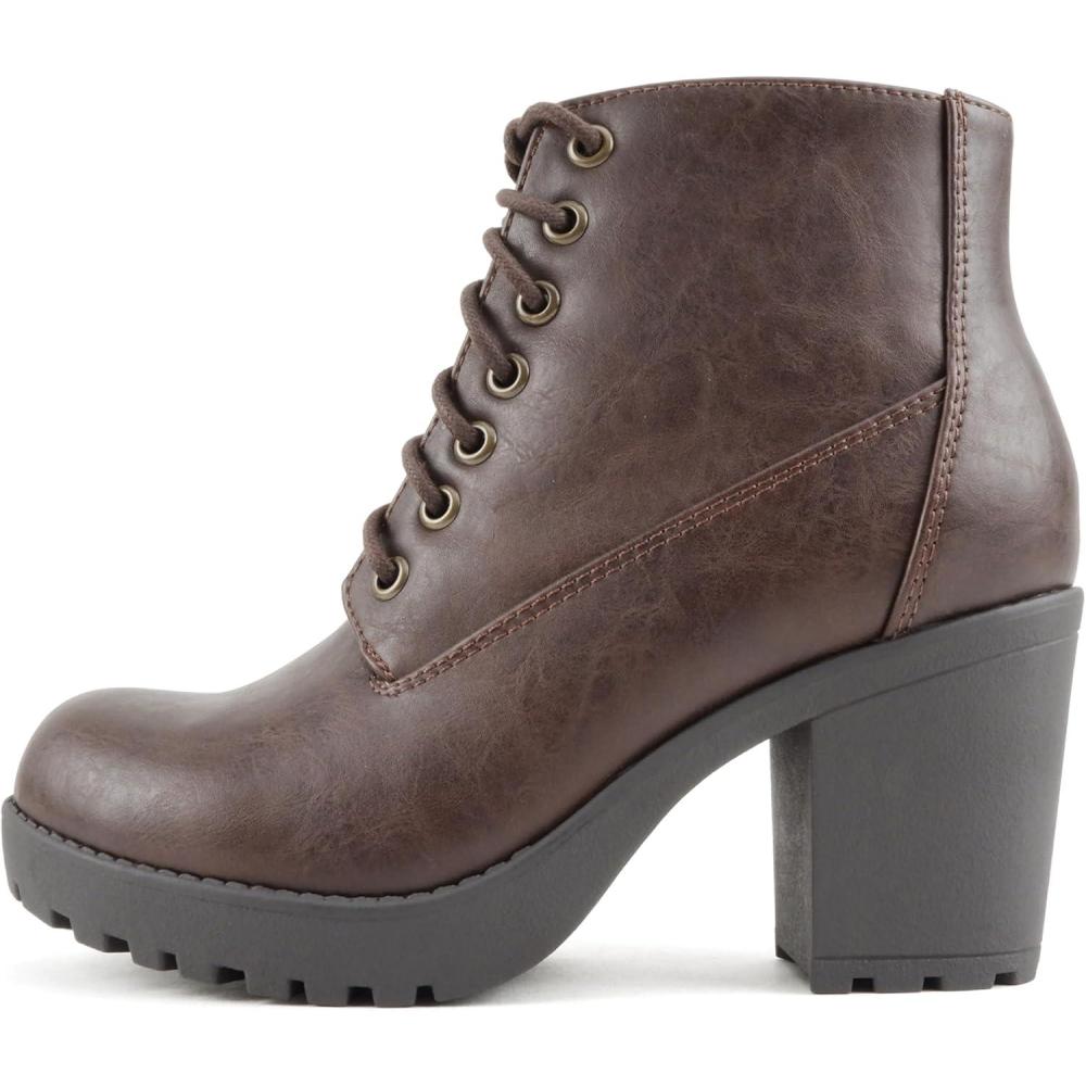 imageSoda Second Lug Sole Chunky Heel Combat Ankle Bootie Lace up wSide ZipperBrown Pu
