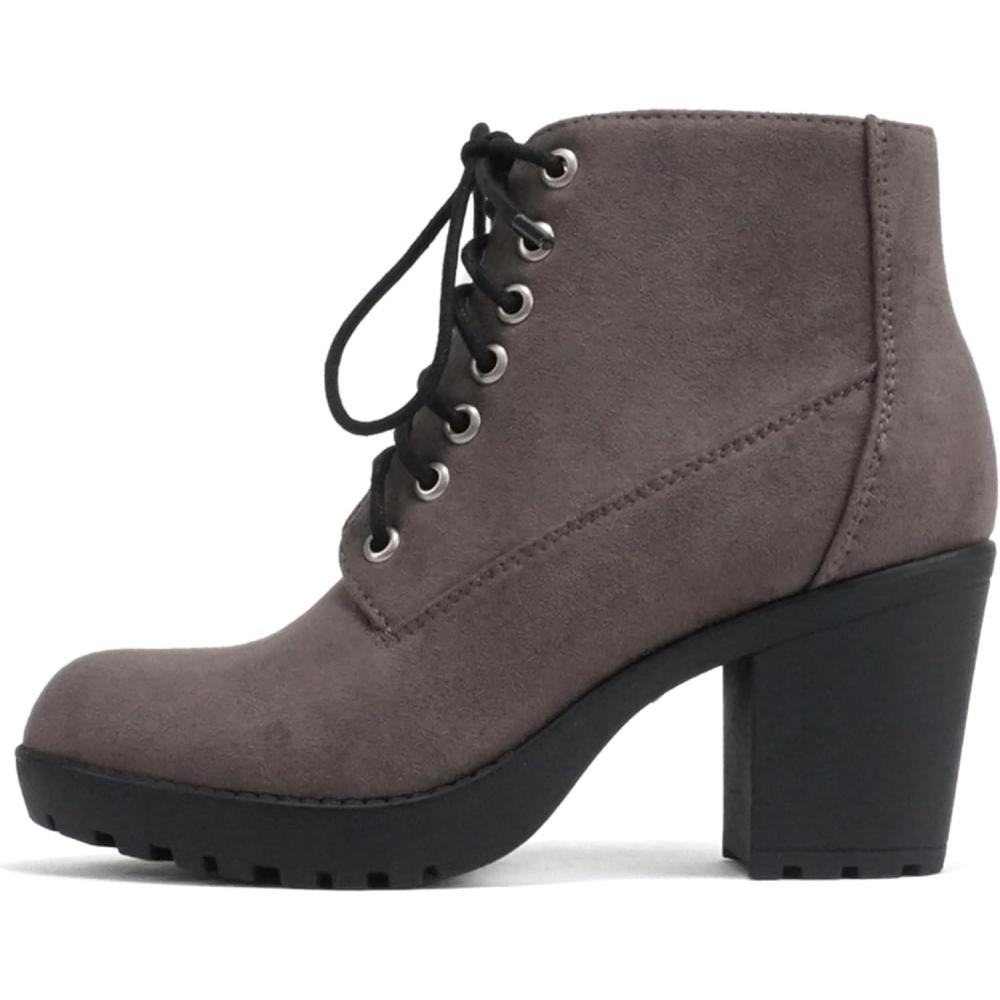 imageSoda Second Lug Sole Chunky Heel Combat Ankle Bootie Lace up wSide ZipperCharcoal Grey Suede