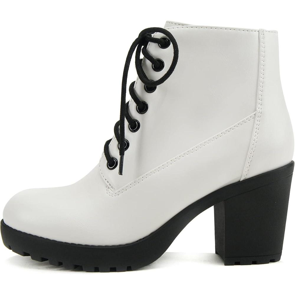 imageSoda Second Lug Sole Chunky Heel Combat Ankle Bootie Lace up wSide ZipperWhite Pu