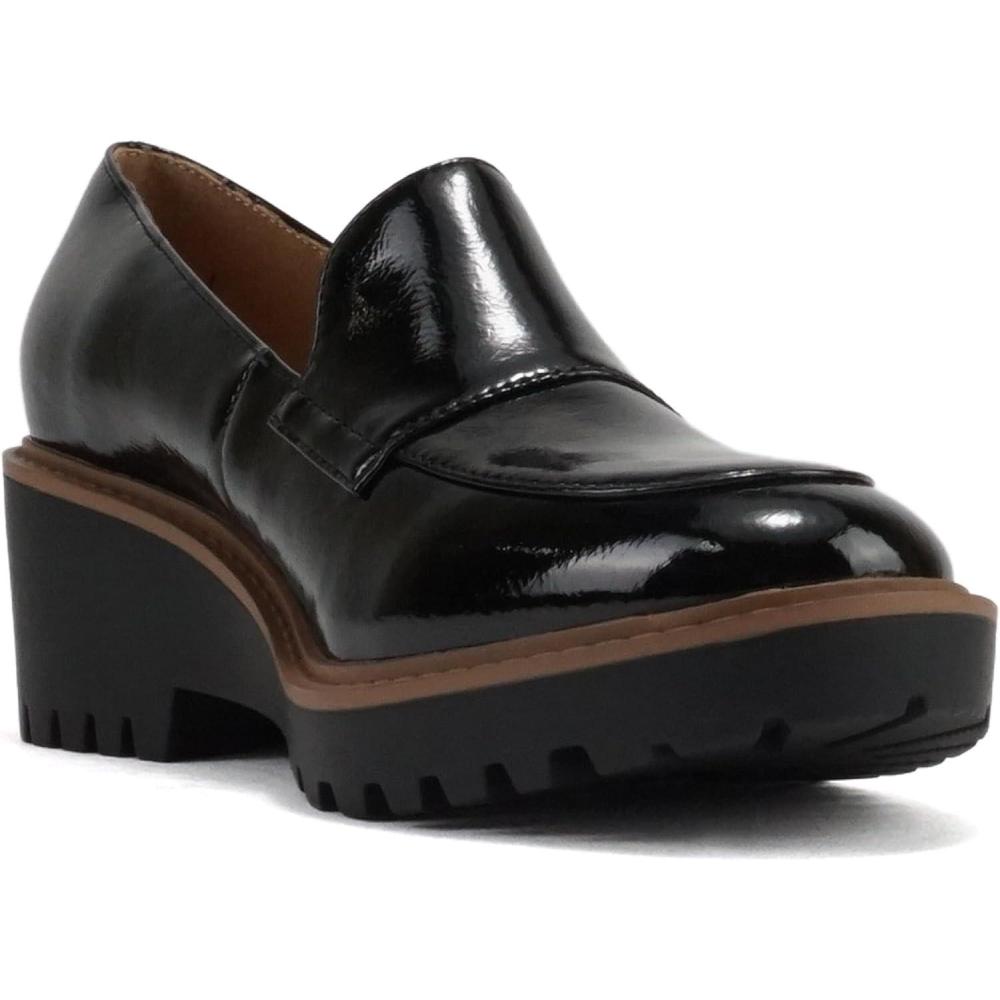 imageSoda Smart  Women Round Toe SlipOn Low Wedge Heel Lug Sole Loafer ShoeBlack Patent