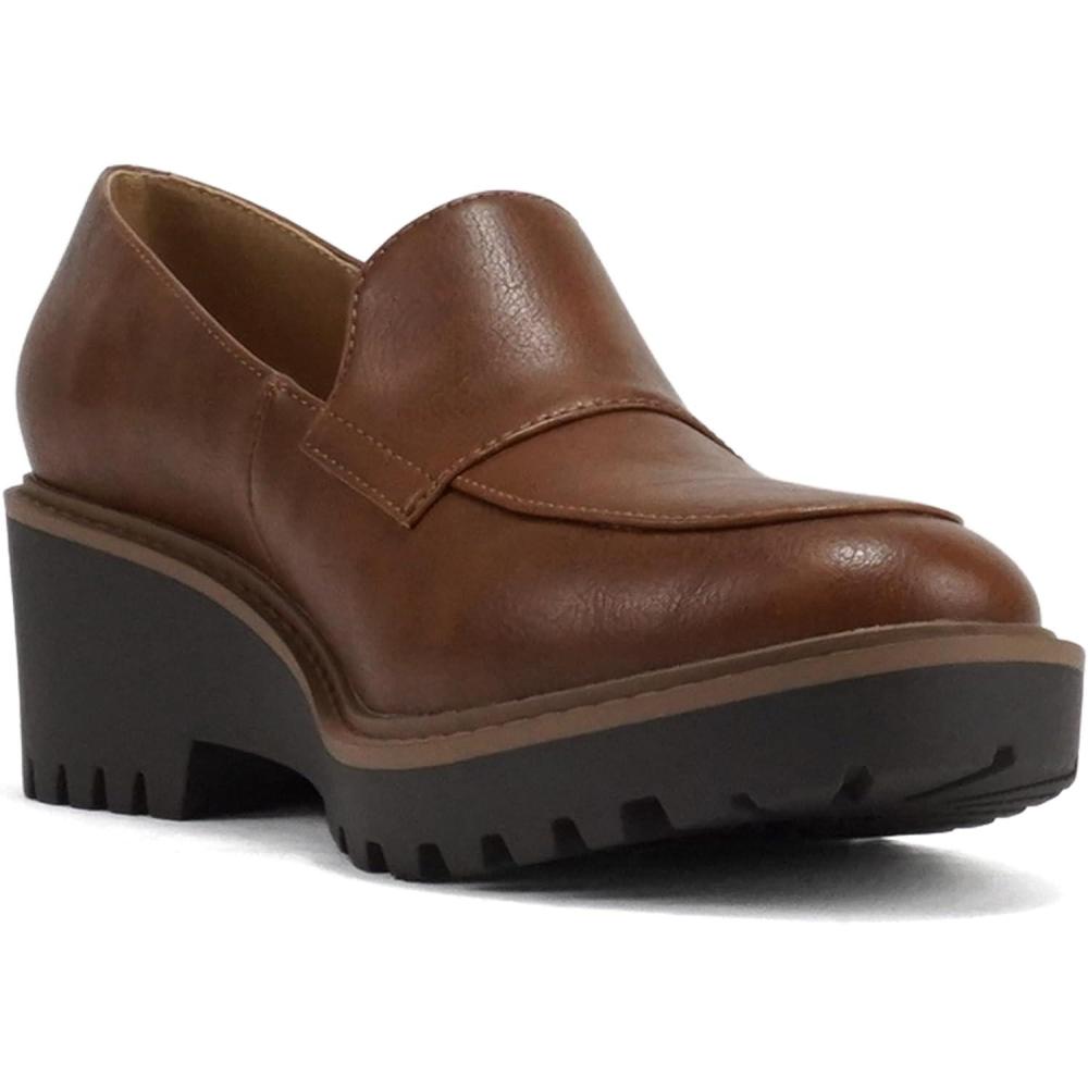 imageSoda Smart  Women Round Toe SlipOn Low Wedge Heel Lug Sole Loafer ShoeCognac Pu