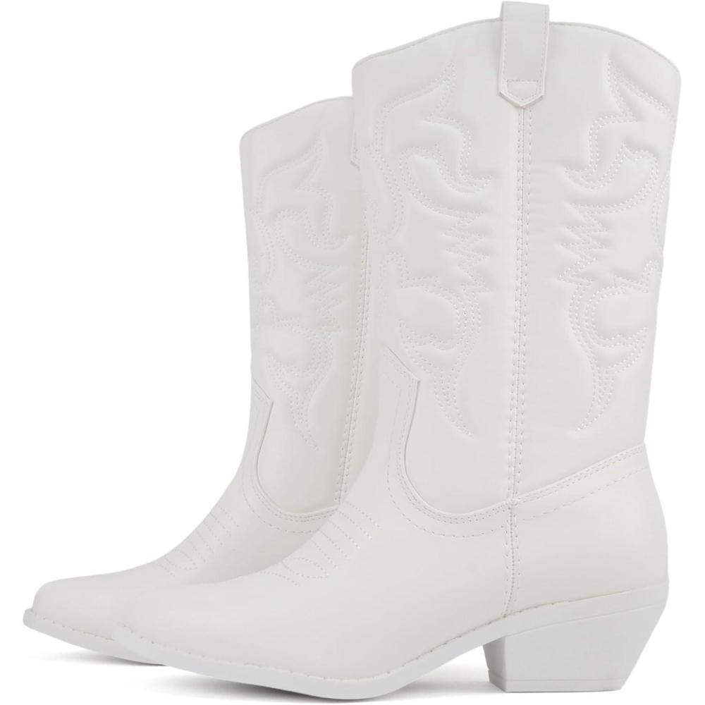 imageSoda TELLER  Womens Western Cowboy Boots with Stitched Detailing Pointed Toe and Low Block HeelRall White