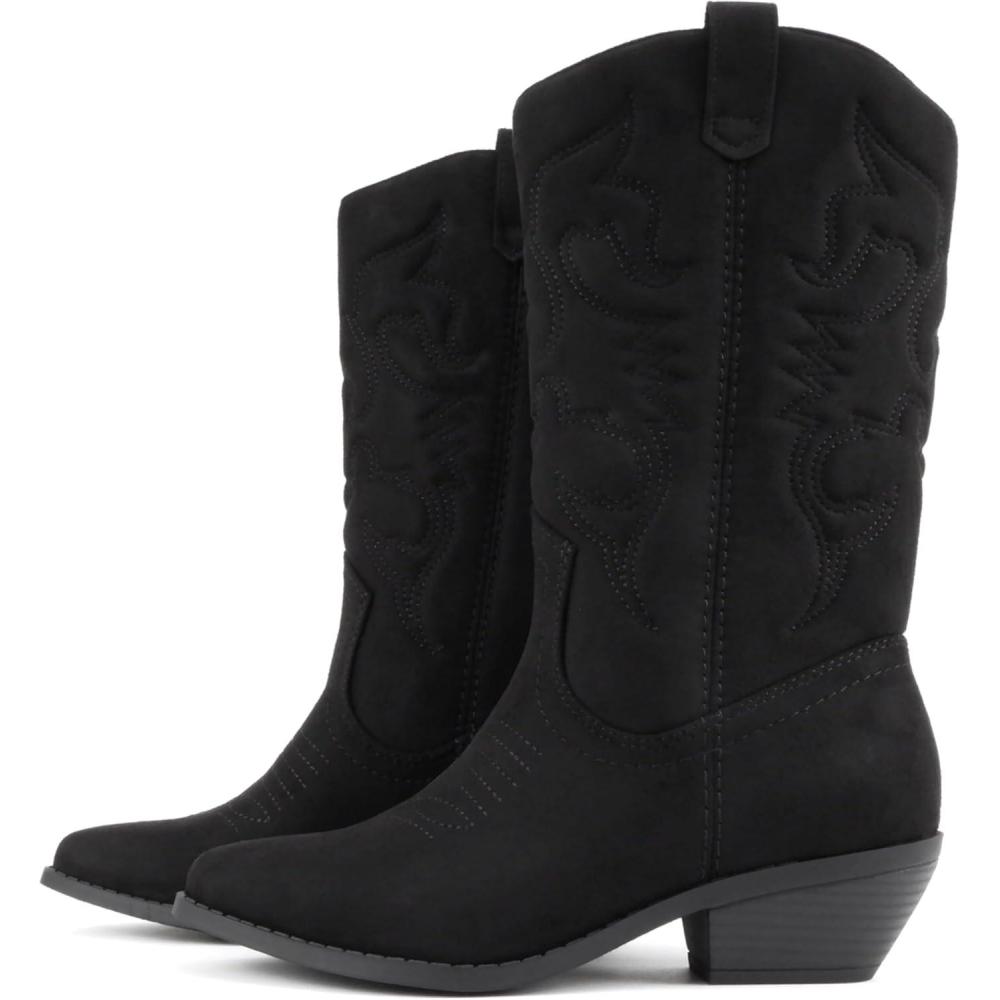 imageSoda TELLER  Womens Western Cowboy Boots with Stitched Detailing Pointed Toe and Low Block HeelRblk Imit Suede