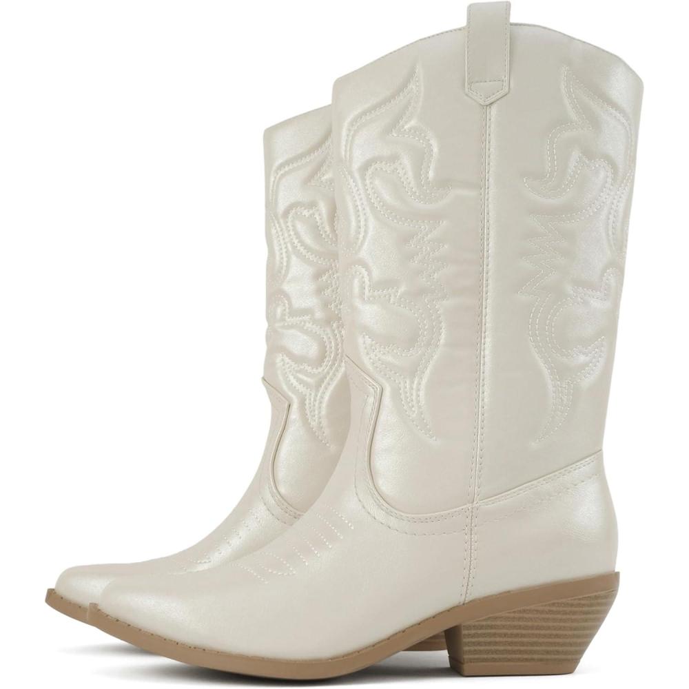 imageSoda TELLER  Womens Western Cowboy Boots with Stitched Detailing Pointed Toe and Low Block HeelRpearlWhite