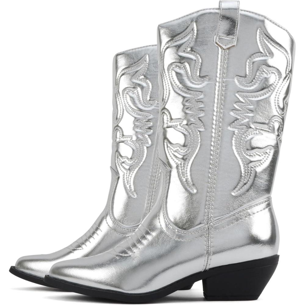 imageSoda TELLER  Womens Western Cowboy Boots with Stitched Detailing Pointed Toe and Low Block HeelRsilver Met