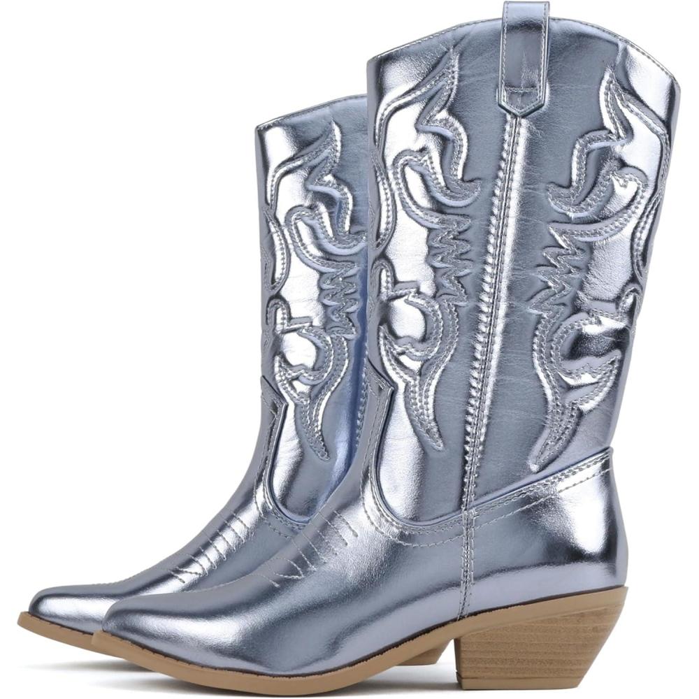 imageSoda TELLER  Womens Western Cowboy Boots with Stitched Detailing Pointed Toe and Low Block HeelRsky Blue Met