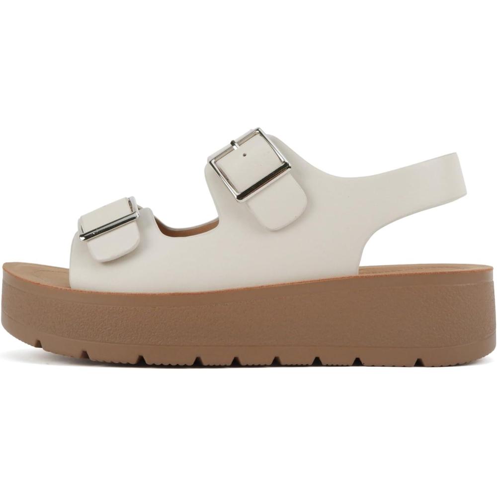 imageSoda Tangy  Women Round Toe Multi Band Flatform Slingback Sandal with Adjustable Buckle StrapsBone Pu