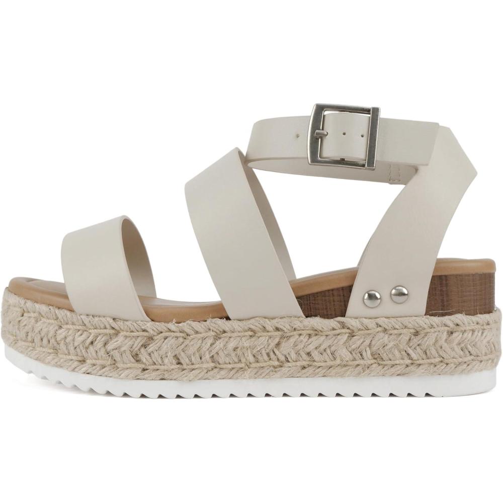 imageSoda Top Shoe Bryce Open Toe Buckle Ankle Strap Espadrilles Flatform Wedge Casual SandaIvory Pu
