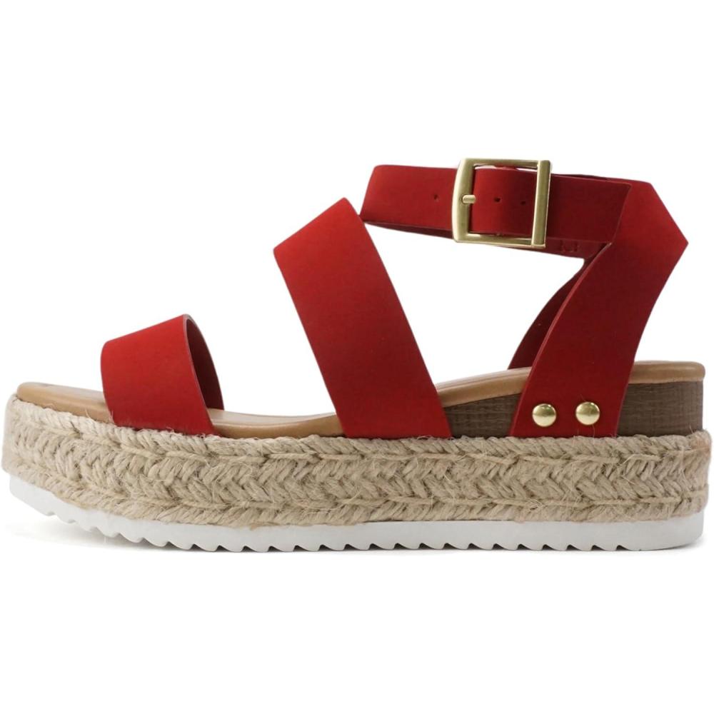 imageSoda Top Shoe Bryce Open Toe Buckle Ankle Strap Espadrilles Flatform Wedge Casual SandaLipstick Nubuck