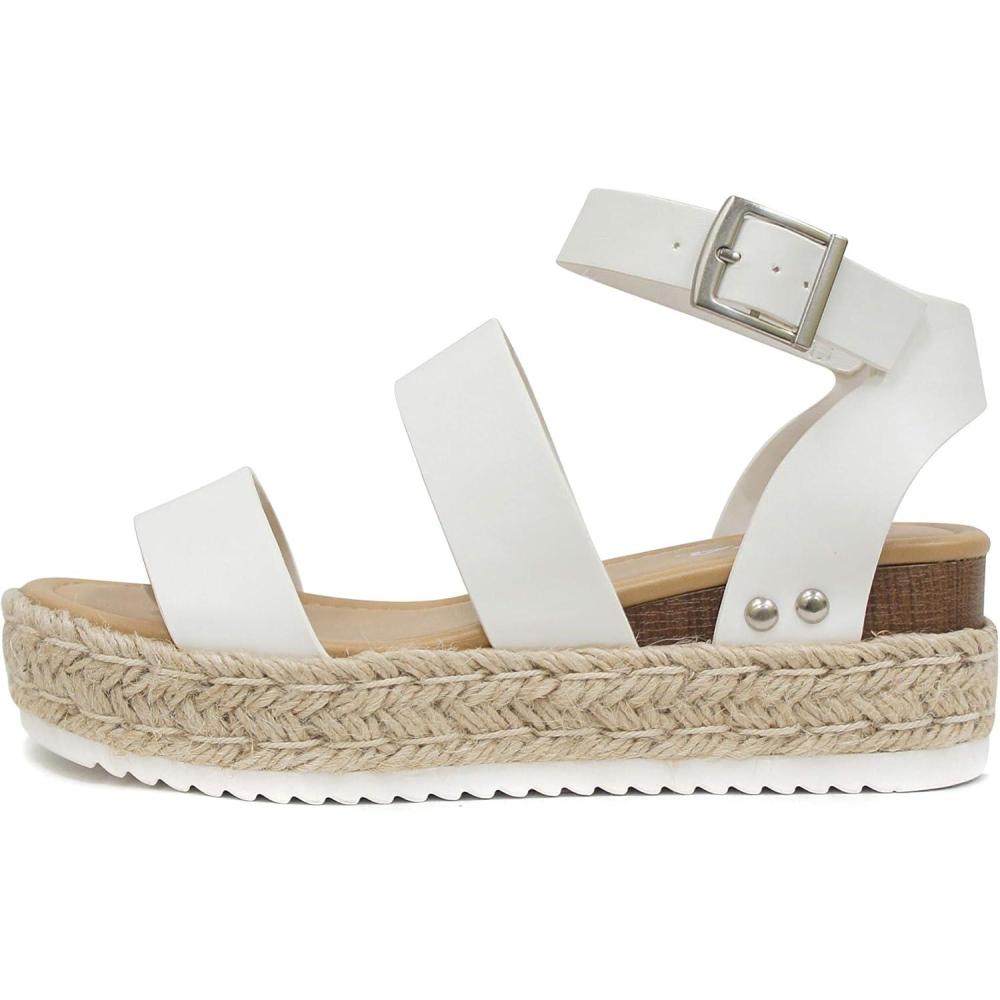 imageSoda Top Shoe Bryce Open Toe Buckle Ankle Strap Espadrilles Flatform Wedge Casual SandaWhite