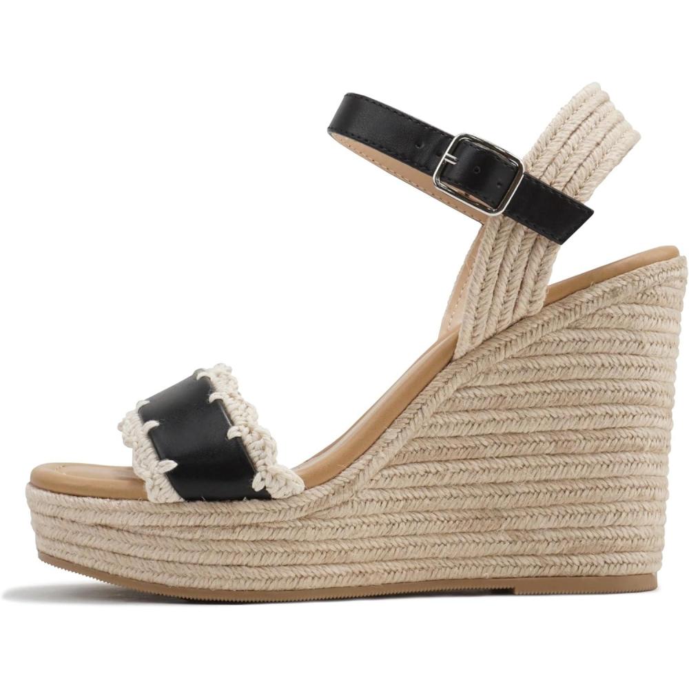 imageSoda Virtual  Women Square Toe Woven Single Band Espadrille Wedge Sandal with Adjustable Ankle StrapBlack Pu
