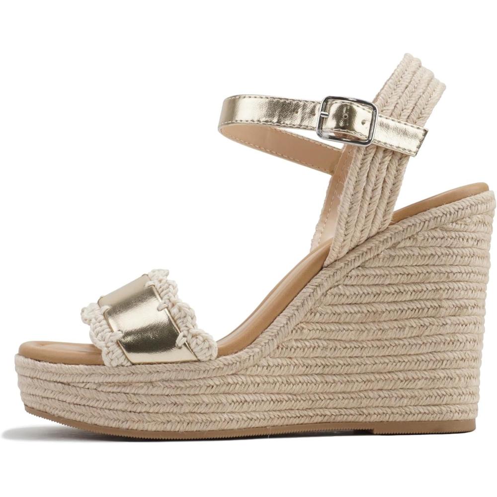 imageSoda Virtual  Women Square Toe Woven Single Band Espadrille Wedge Sandal with Adjustable Ankle StrapGold