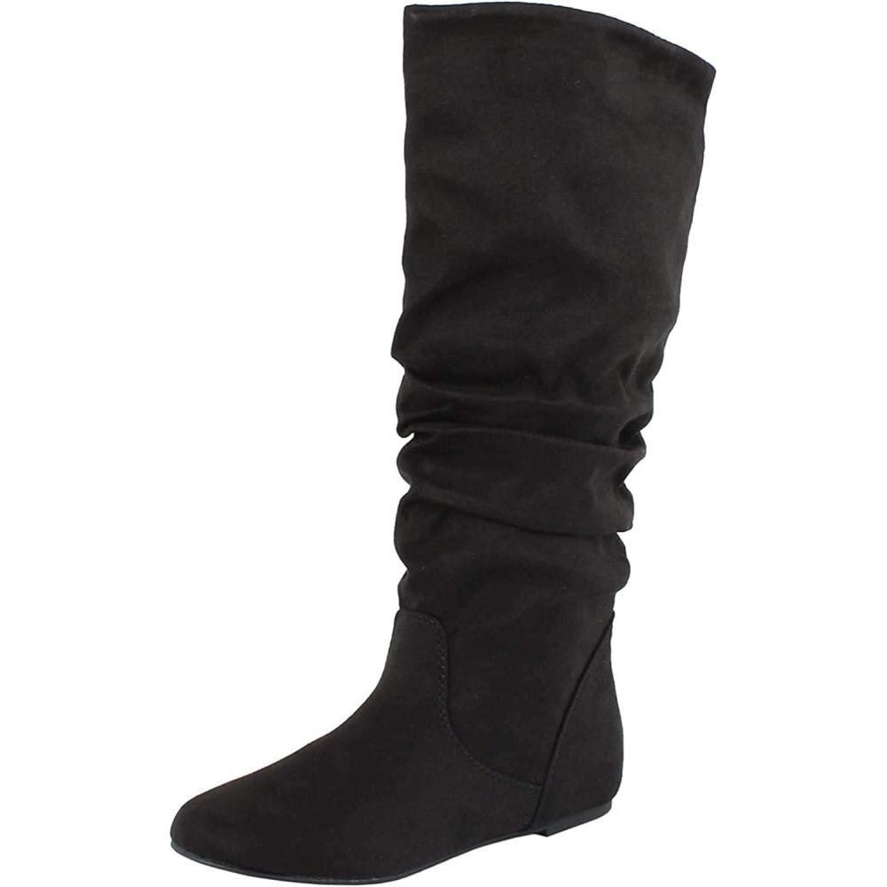 imageSoda Womens Zuluu Slouchy Faux Leather Knee HIgh Flats BootsBlack Suede