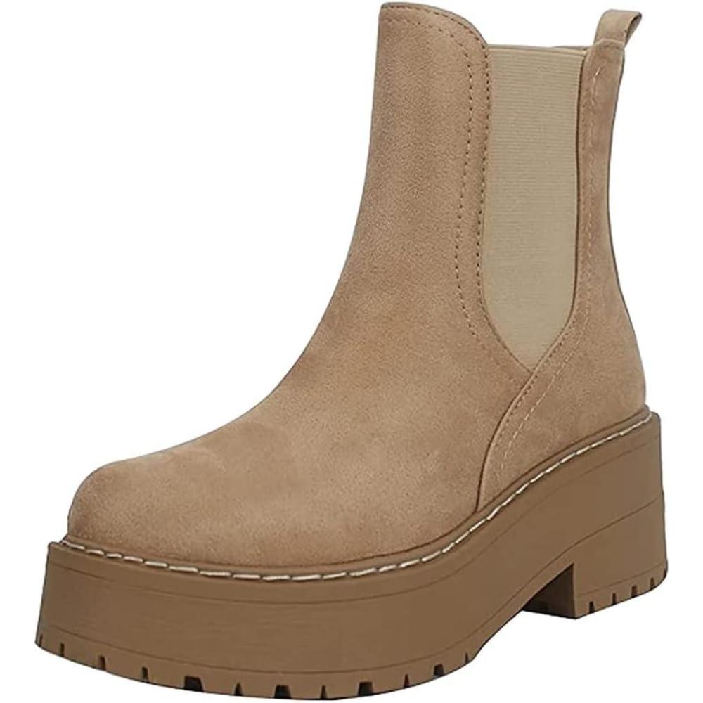 imageSoda YOSSI  Womens Chelsea Chunky Lug Sole Mid Heel Ankle Bootie Double ElasticCamel
