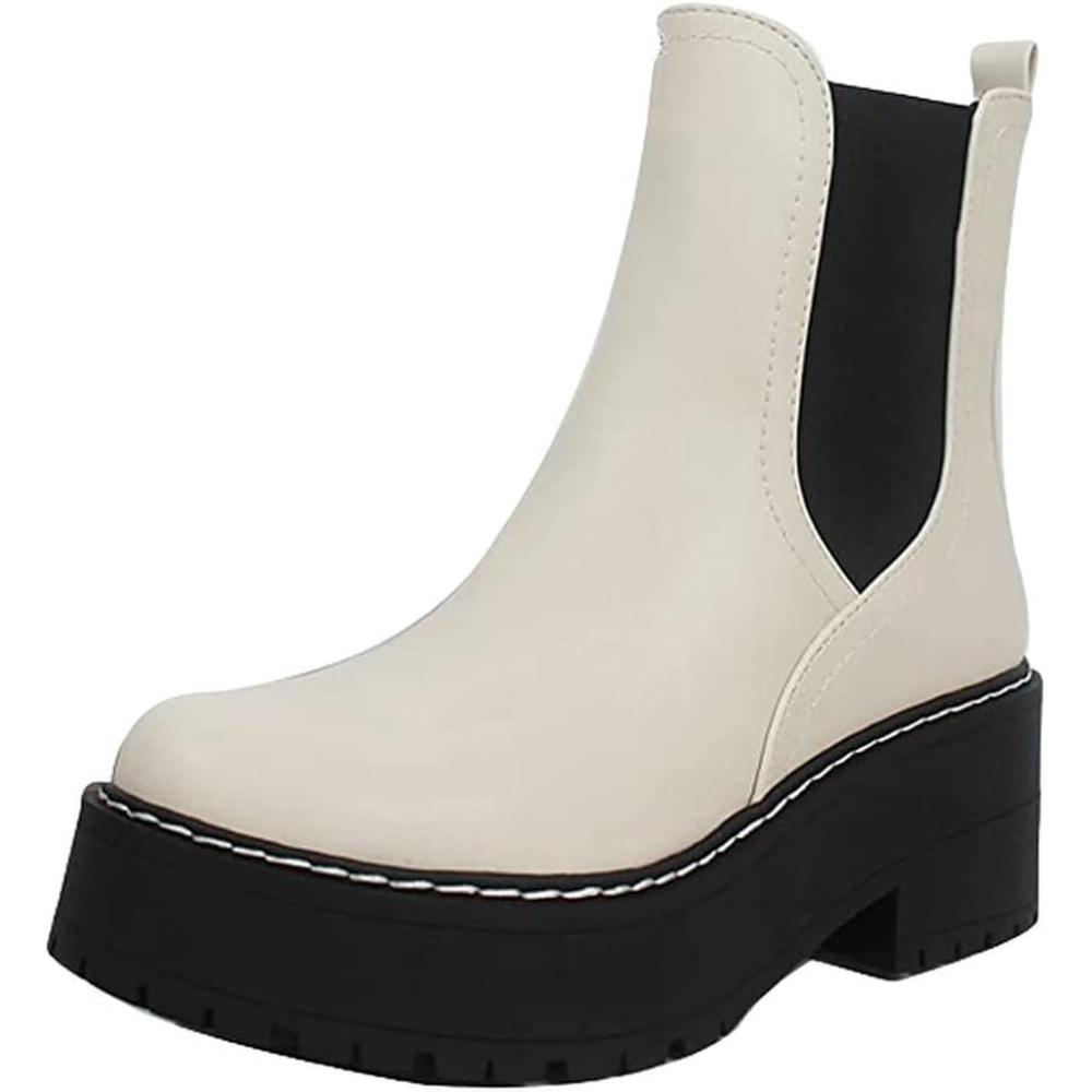 imageSoda YOSSI  Womens Chelsea Chunky Lug Sole Mid Heel Ankle Bootie Double ElasticWhite