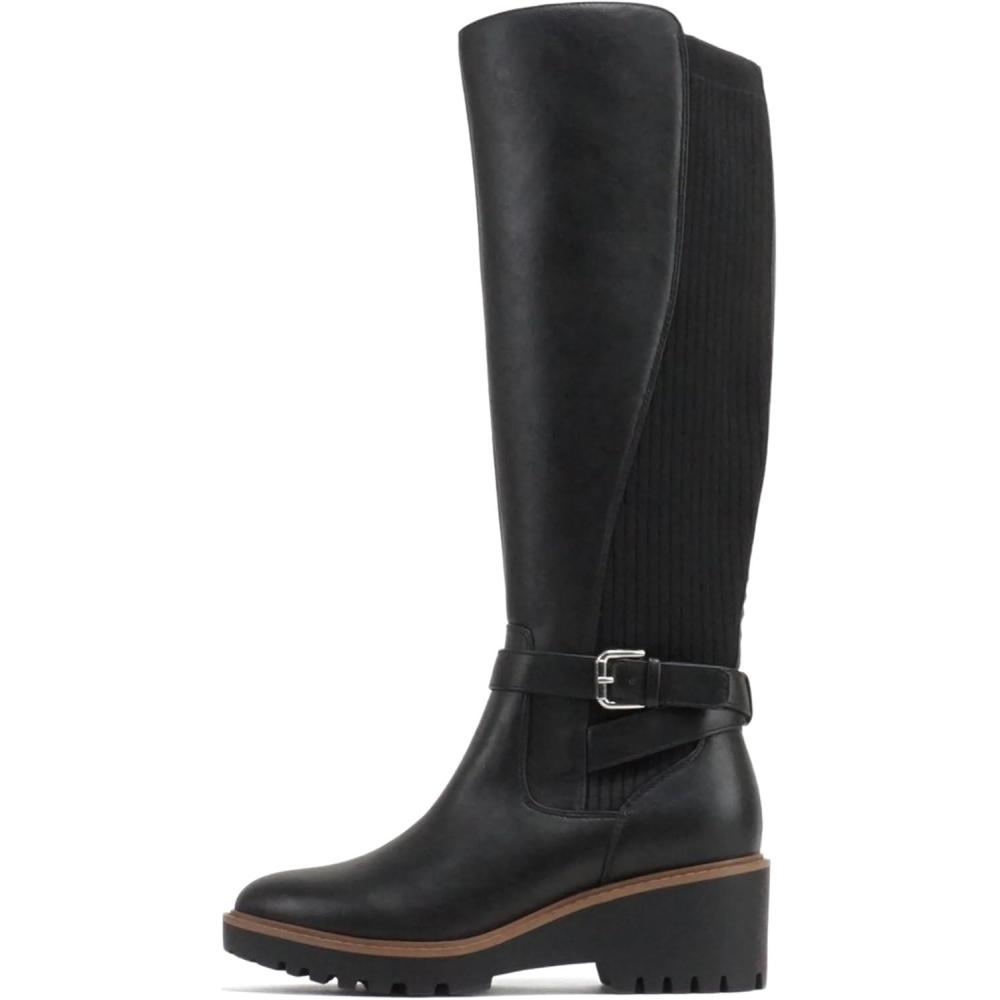 imageSoda ZONE  Women Round Toe Elastic Sweater Belted Strap Lug Sole Low Wedge Heel KneeHigh Boot with Side ZipperBlack Pu