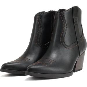 Soda “ABEAM” ~ Women Pointed Toe Medium Heel Ankle Shaft Western Boot Bootie with Side Zipper(Black Pu)