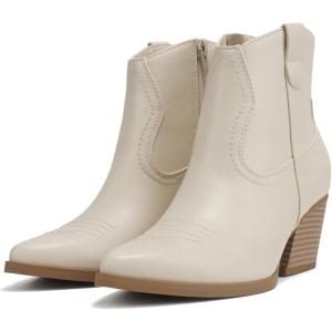 Soda “ABEAM” ~ Women Pointed Toe Medium Heel Ankle Shaft Western Boot Bootie with Side Zipper(Off White Pu)