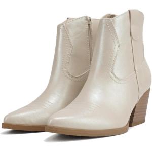 Soda “ABEAM” ~ Women Pointed Toe Medium Heel Ankle Shaft Western Boot Bootie with Side Zipper(Pearl Pu)