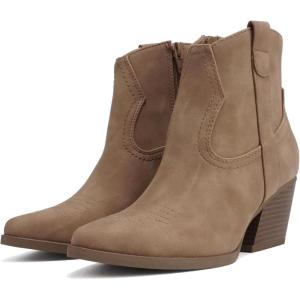 Soda “ABEAM” ~ Women Pointed Toe Medium Heel Ankle Shaft Western Boot Bootie with Side Zipper(Taupe Nubuck)