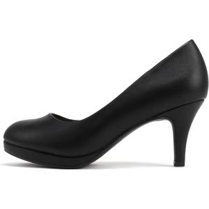 Soda “ANDI” ~ Women Closed Round Toe Slip-On Comfortable Cushion Insole Mid Heel Pump Shoe(Black Pu)