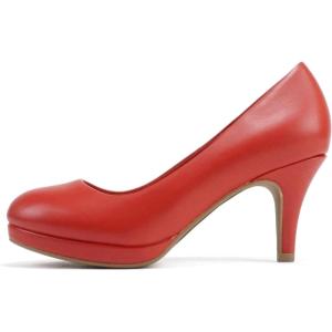Soda “ANDI” ~ Women Closed Round Toe Slip-On Comfortable Cushion Insole Mid Heel Pump Shoe(Red Pu)