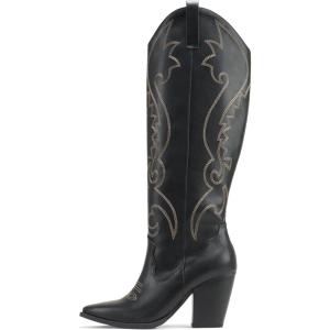 Soda “ARCADE” ~ Women Almond Toe Stitch Detail Pull-On High Heel Knee-High Western Boot(Black Pu)