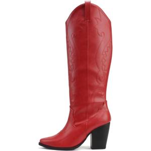 Soda “ARCADE” ~ Women Almond Toe Stitch Detail Pull-On High Heel Knee-High Western Boot(Red Pu)
