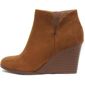 Soda Ability – Mid Ankle Bootie w/Split Shaft and Zipper Stacked Wedge Heel(Cognac)