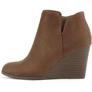 Soda Ability – Mid Ankle Bootie w/Split Shaft and Zipper Stacked Wedge Heel(Cognac Imsu)